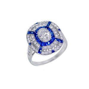 Sapphire & Diamond 18ct White Gold Art Deco Ring