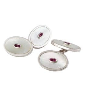 Sterling Silver Mother of Pearl & Ruby Double Oval Cufflinks