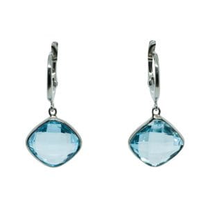 18ct & 9ct White Gold Cushion Shaped Checkerboard Blue Topaz Drop Earrings
