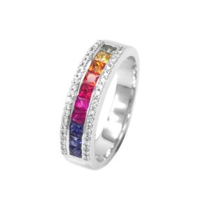Rainbow Sapphire 18ct White Gold Half Eternity with Diamond Edge