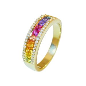 Rainbow Sapphire Half Eternity 18ct Yellow Gold Ring with Diamond Edge